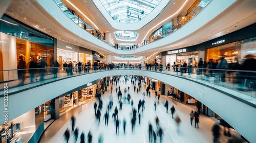 Airport or station lobby with crowd of people movement. Urban fast pass scene. Modern shopping mall interior with blurred silhouettes. Business center
