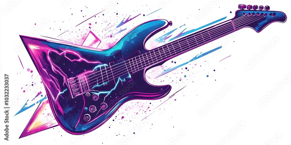 Obraz premium Electric guitar with neon glow and paint splatters.