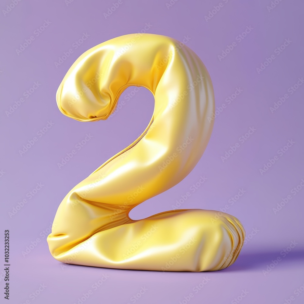 3D number 2 with Inflate, puffy shapes made of yellow soft detailed leather, folds and wrinkles on material realistic modern design, soft lighting, purple background 3D number 2 with Inflate, puffy shapes made of yellow soft detailed leather, folds and wrinkles on material realistic modern design, soft lighting, purple background
