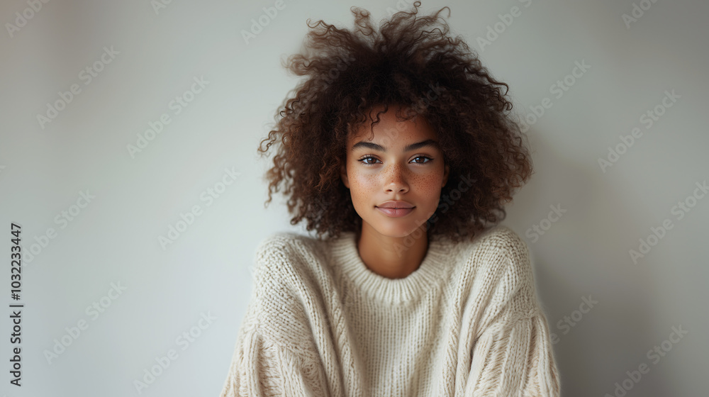 Portrait of a young woman with natural afro hairstyle, wearing a cream sweater, light background. Portrait of a young woman with natural afro hairstyle, wearing a cream sweater, light background.