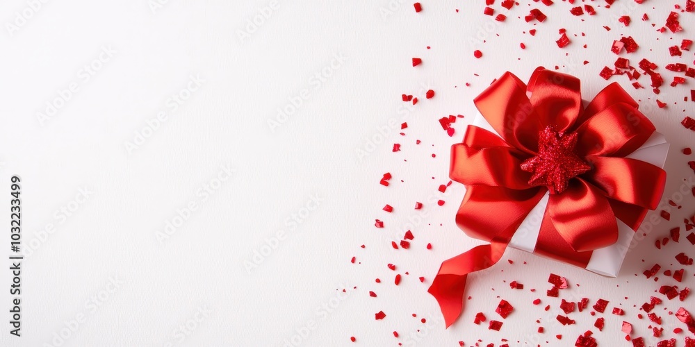 Festive Gift Box with Red Ribbon and Confetti Festive Gift Box with Red Ribbon and Confetti