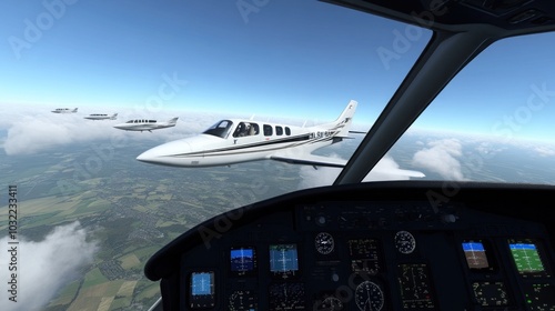 A view from the cockpit of a private jet flying in formation with two other planes over a field of clouds and green land.