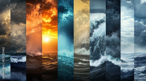 Climate Change Ocean Banner with displays of the ocean during sunny, stormy, cloudy, and calm moments.