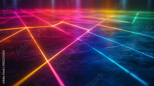 Neon Gridlines in Bright Pink, Blue & Yellow on Dark Futuristic Background