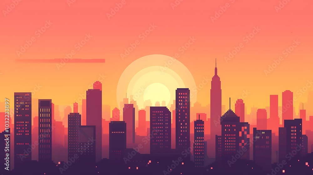 A beautiful sunset over a city. The warm colors of the sky and the sharp lines of the buildings create a stunning contrast. A beautiful sunset over a city. The warm colors of the sky and the sharp lines of the buildings create a stunning contrast.