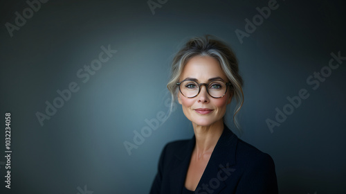 Elegant portrait of a mature woman with glasses, wearing a black blazer, soft lighting, confident expression.