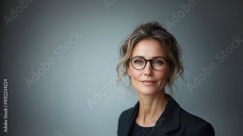 Mature woman with glasses, hair in an elegant updo, professional attire, gray background, direct eye contact.