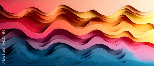 Abstract paper cut design with layered waves in shades of yellow, orange, red, pink, purple, and blue.