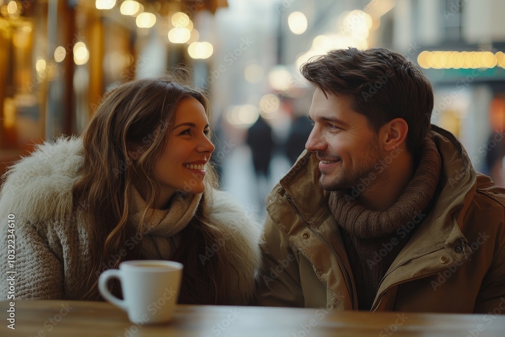 Loving couple talking over cup of coffee at cafe, man and woman sitting at cafeteria, having pleasant conversation and smiling, Generative AI Loving couple talking over cup of coffee at cafe, man and woman sitting at cafeteria, having pleasant conversation and smiling, Generative AI
