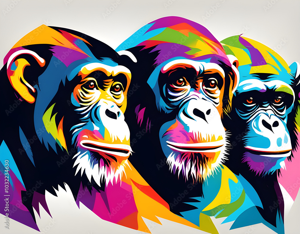 Fototapeta premium colorful Chimpanzees with cool isolated pop art style background