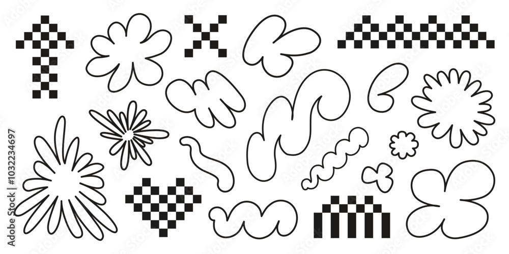 Vector set of y2k black elements isolated on a white background. Hand drawn collection of heart pixel, arrow, cross, wave, flower, organic shapes Vector set of y2k black elements isolated on a white background. Hand drawn collection of heart pixel, arrow, cross, wave, flower, organic shapes