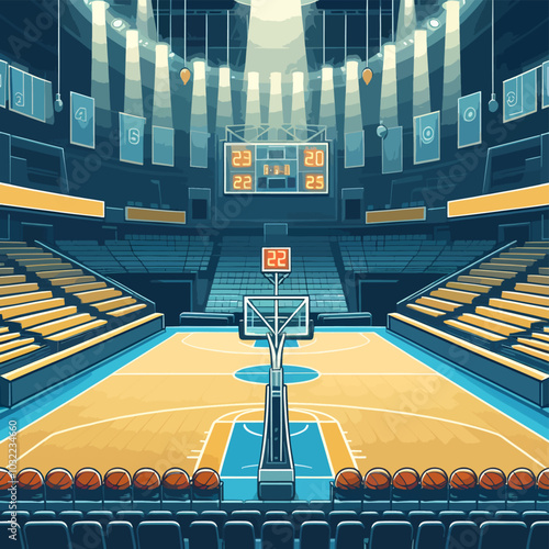 basketball court with a scoreboard showing the score