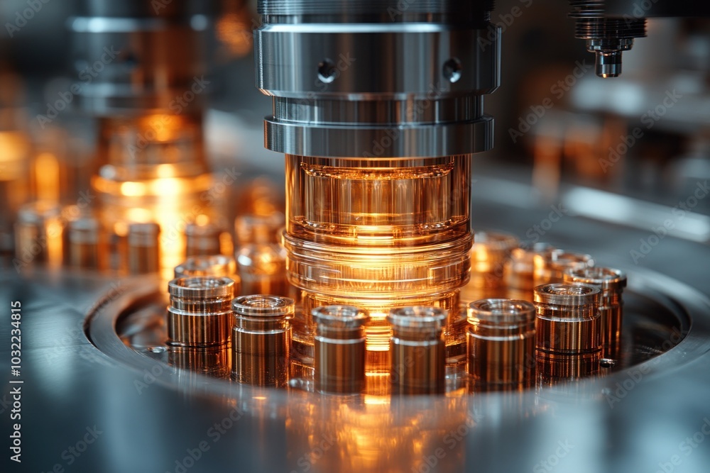Close-up of a machine filling glass bottles with liquid on a production line in a factory. Close-up of a machine filling glass bottles with liquid on a production line in a factory.