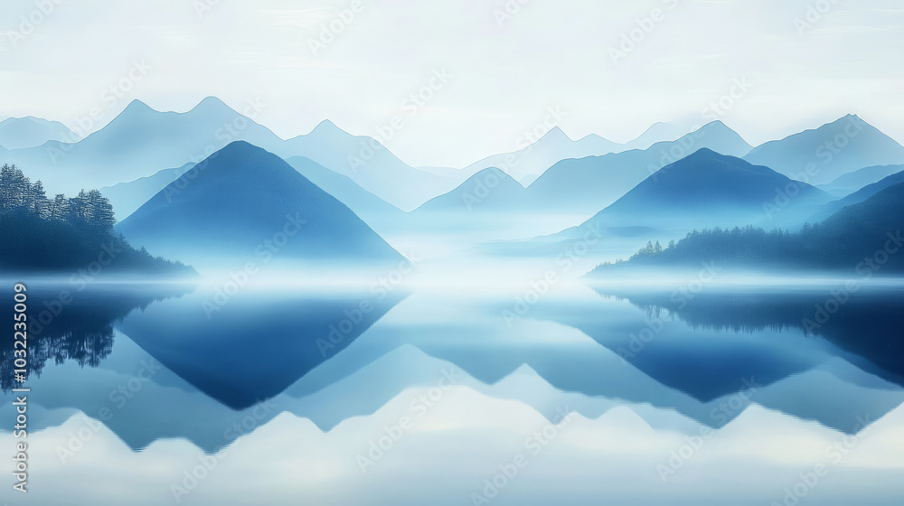 Chinese style blue ink artistic landscape painting Chinese style blue ink artistic landscape painting