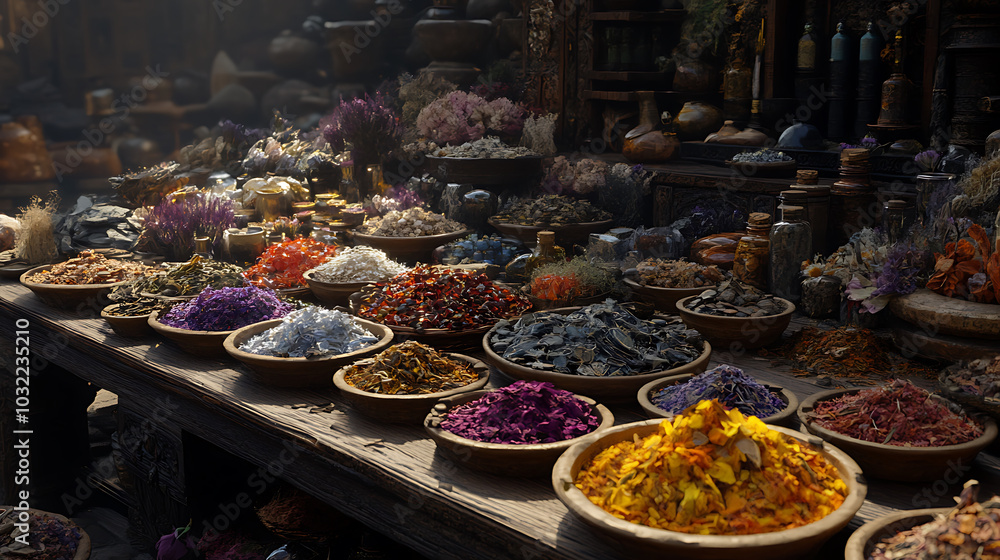 vibrant wooden table filled with various herbal remedies and dried flowers vibrant wooden table filled with various herbal remedies and dried flowers