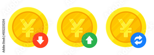 Set of yen gold coins, financial arrows for increase, decrease, and transaction. Finance, currency fluctuation, JPY exchange concept. Flat vector illustration isolated on a white background	