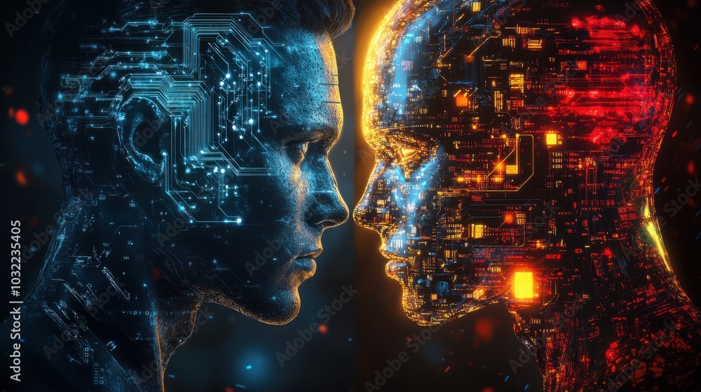 In a neon-lit digital arena, a confident human faces a sleek AI counterpart, symbolizing the clash of strength and technology amidst glowing circuits. In a neon-lit digital arena, a confident human faces a sleek AI counterpart, symbolizing the clash of strength and technology amidst glowing circuits.