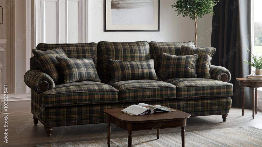 Fototapeta premium Cozy Plaid Sofa in a Living Room