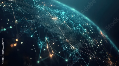 A digital representation of global connectivity featuring a network of data points and lines over a map of the Earth, all illuminated against a dark background