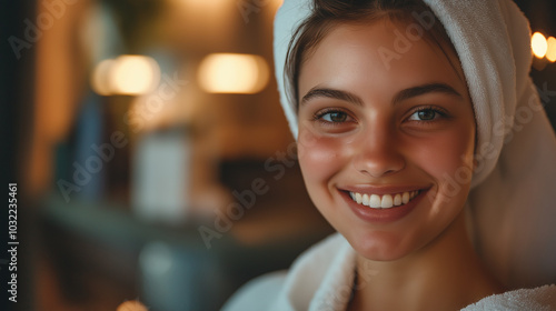 Smiling young woman getting her hair treated at a salon wrapped in a towel | Relaxation, care, and beauty concept.

