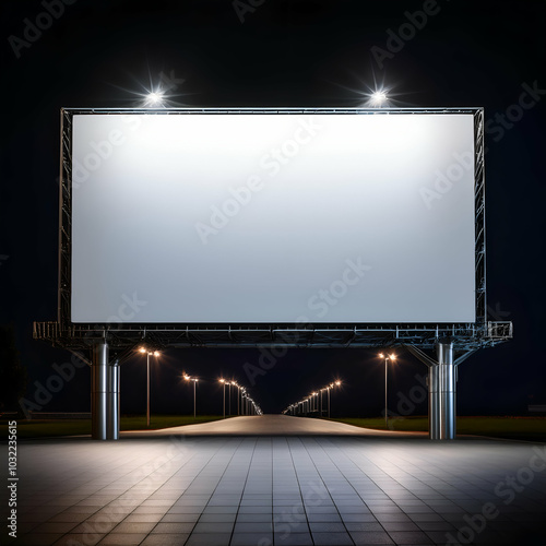  blank billboard with a smooth white surface, suspended in darkness. The sleek, modern frame gives it a polished appearance, offering contrast against the black background for use in advertising desi