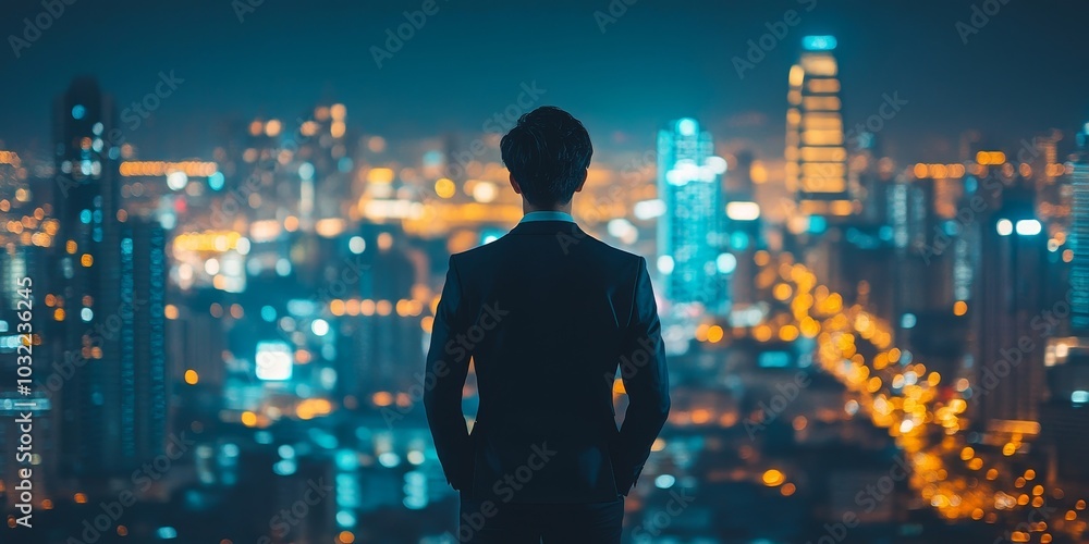 Back view business man executive standing in modern big city looking and dreaming of future business success business mission ambition and vision, Generative AI Back view business man executive standing in modern big city looking and dreaming of future business success business mission ambition and vision, Generative AI