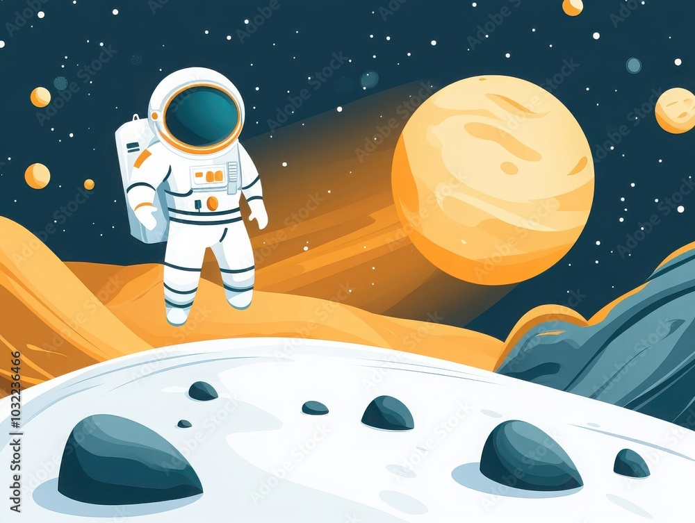 Naklejka premium An astronaut explores the colorful surface of a distant planet, showcasing a vibrant cosmic landscape filled with stars.