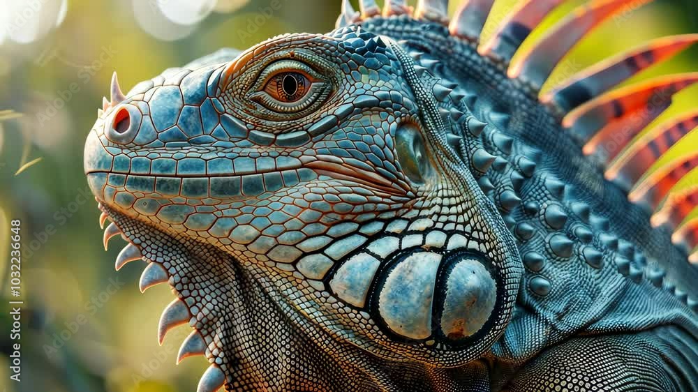 Close-up of a green iguana with vibrant scales in natural light. Close-up of a green iguana with vibrant scales in natural light.