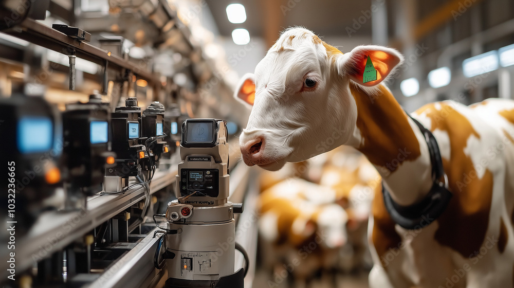 A seamless integration of smart technology in livestock farming, featuring robotic arms and real-time analytics A seamless integration of smart technology in livestock farming, featuring robotic arms and real-time analytics