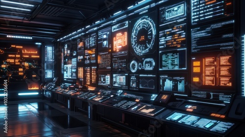 A highly detailed and vibrant digital wall overflowing with multiple screens showcasing various data, representing technology and the information age. photo