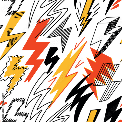 Lightning bolt pattern. Seamless print of cute electric energy flashes cartoon sketch style, trendy hand drawn lightning doodle motif. Vector texture.