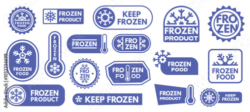 Keep frozen labels. Stickers with thermometer for cold temperature, frozen ice icons for refrigerated food packaging design. Vector set.
