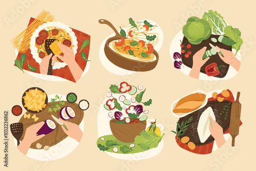 Food preparation concepts. Cartoon cooking ingredients and kitchen tools, chef preparing meal for restaurant healthy vegetarian food. Vector set.