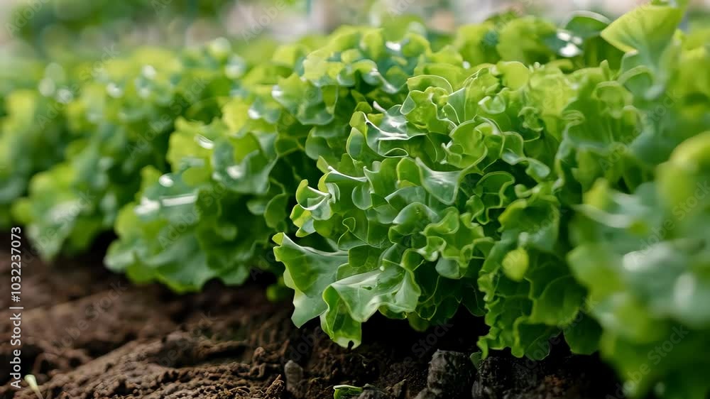 Lush green lettuce growing in the garden, close-up side view. Freshness and organic farming concept. Lush green lettuce growing in the garden, close-up side view. Freshness and organic farming concept.