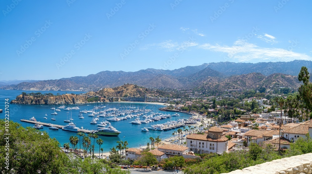 Obraz premium Coastal View of Marina with Mountains and Clear Sky
