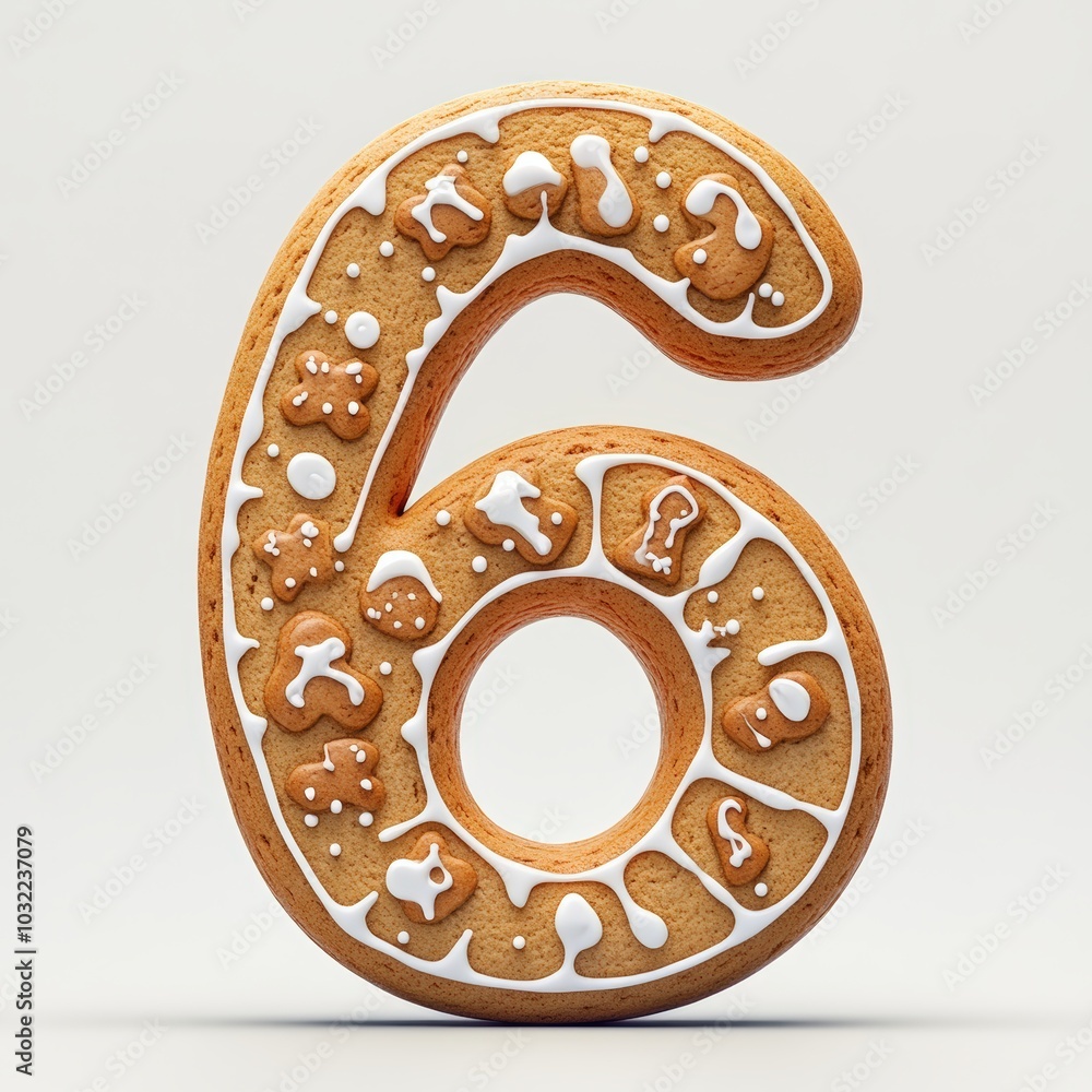 3D number 6 with gingerbread cookies realistic modern design, soft lighting, white background 3D number 6 with gingerbread cookies realistic modern design, soft lighting, white background