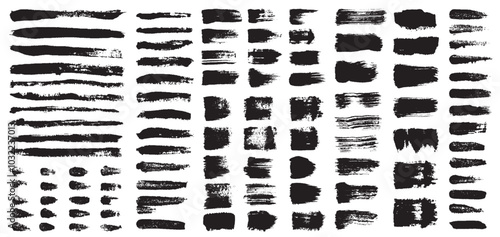 Paint brush stroke. Dirty paintbrush lines ink stains and splashes, black ink textures and grunge banners. Vector hand drawn brushstrokes isolated set