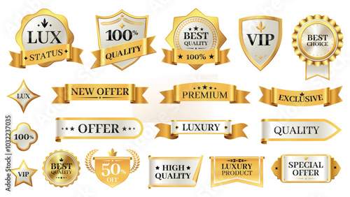 Elegant glossy labels. Vintage golden stickers with premium quality and best choice badges for product rating. Vector certificate and sticker set.