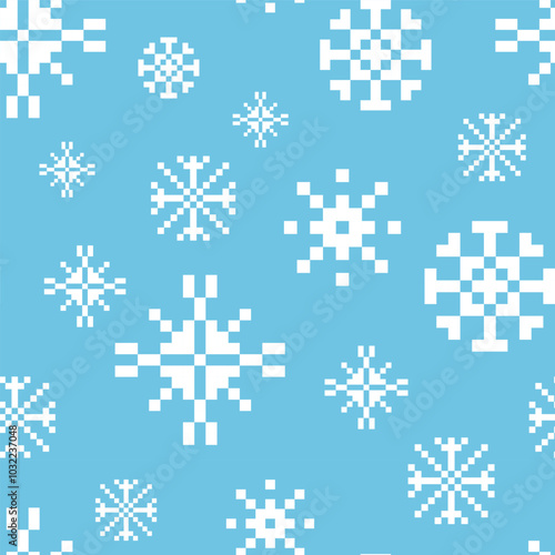 Pixel snowflake pattern. Seamless print of christmas retro vintage video game symbols, white winter holiday background for wrapping paper textile. Vector texture.