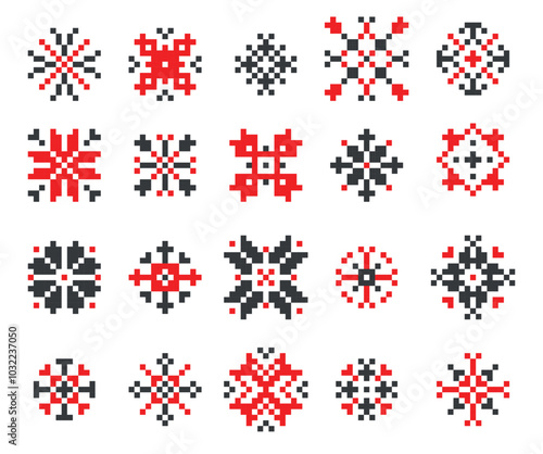 Ukrainian ornamental stars. Traditional red white black decorative cross-stitch elements, country folk embroidery emblem logo design. Vector isolated set.