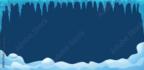 Icicle framing. Frozen winter snow border with falling snowflakes and ice spikes, frosty snowflake snowball elements. Vector snowy Christmas background.