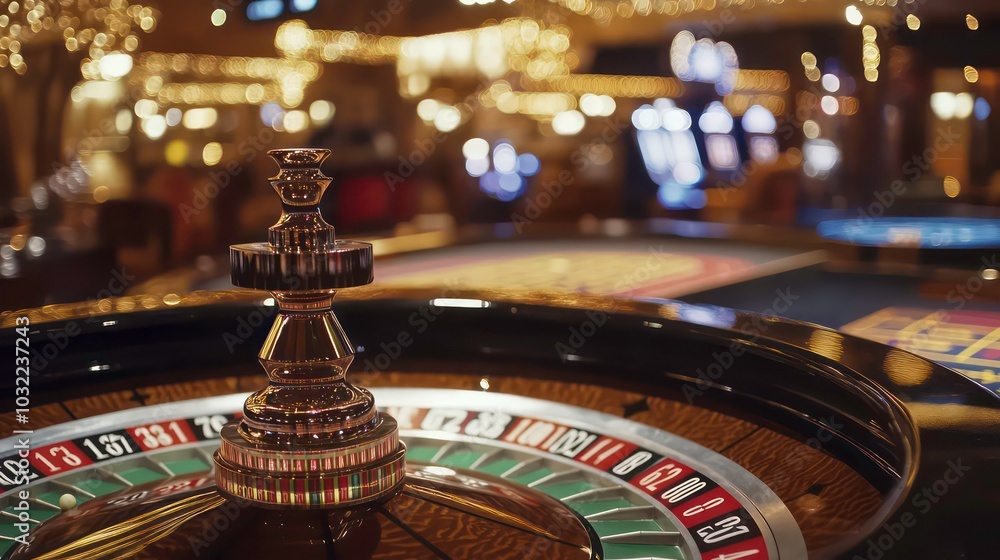 Close-up of a roulette wheel in a casino with a blurred background of lights and slot machines. Close-up of a roulette wheel in a casino with a blurred background of lights and slot machines.