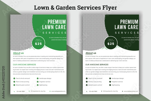 lawn care garden or landscaping services Tree and gardening service poster leaflet design. lawnmower flyer template.