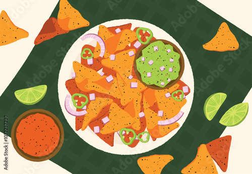 Nachos bowl concept. Cartoon tortilla chips with cheese and spicy sauces, hot snack meal for hungry people. Vector isolated illustration