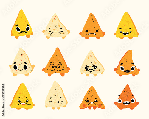 Cartoon nachos characters. Mexican traditional snack with salsa and cheese, funny sports and party characters celebrating holidays. Vector isolated set