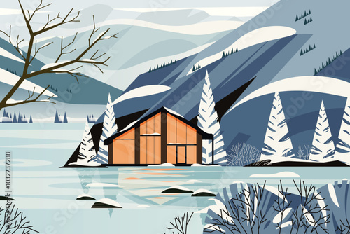 Winter house landscape. Cartoon snowy winter forest with frozen trees and snow on ground, winter scene background with wooden cabin. Vector illustration.