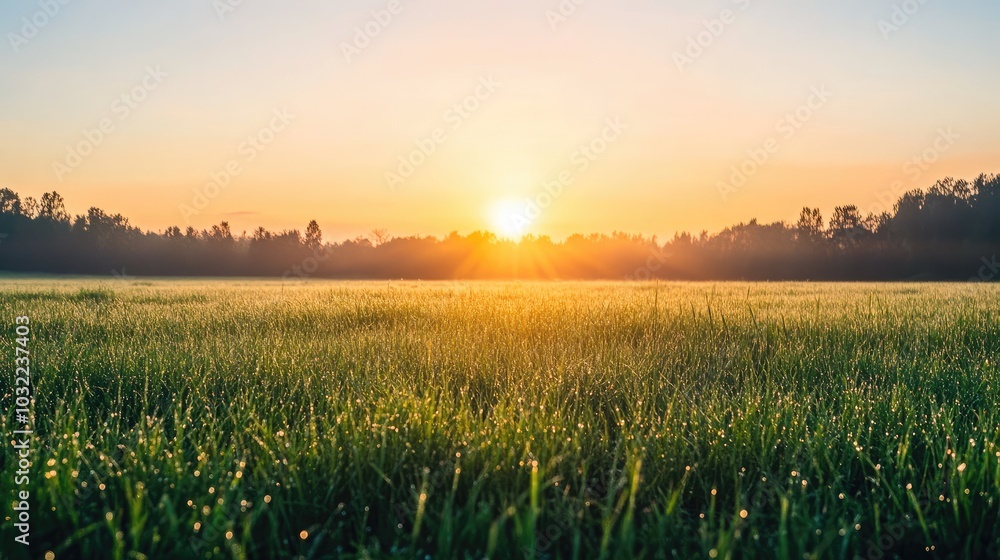 Sunrise Over Dewy Grass in Serene Landscape Sunrise Over Dewy Grass in Serene Landscape