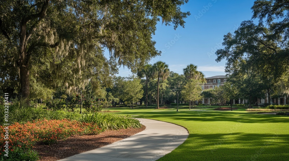 Serene Park Landscape with Pathway and Lush Greenery Serene Park Landscape with Pathway and Lush Greenery