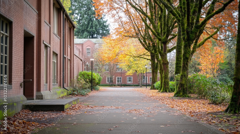 Autumn Pathway in a Tranquil Campus Setting Autumn Pathway in a Tranquil Campus Setting