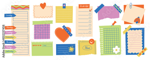 Hand drawn paper notes. Cute memo stickers and post it notes, colorful paper sheet and ripped strip, trendy scrapbook design elements. Vector isolated set.